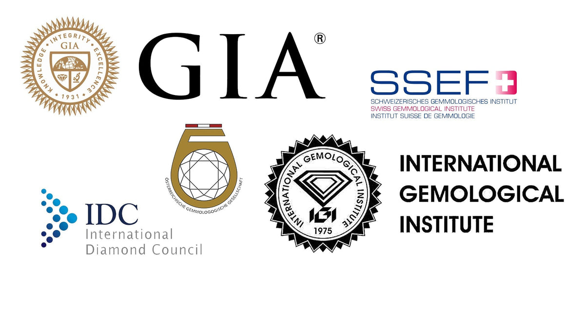 Diamant Zertifikate, Expertisen, Gutachten, GIA: Gemological Institute of America, IDC: International Diamond Council, IGI: International Gemological Institute, ÖGEM: Österreichische Gemmologische Gesellschaft, SSEF: Schweizerisches Gemologisches Institut